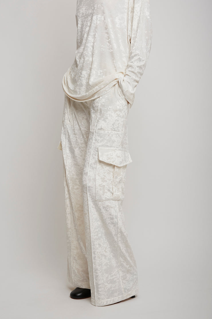 Liquid white cargo trousers