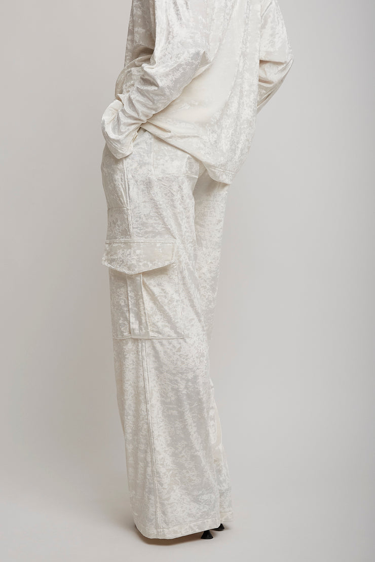 Liquid white cargo trousers