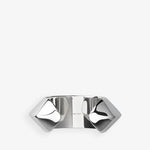 Silver ring with geometric design on a white background