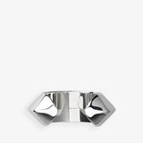Silver ring with geometric design on a white background