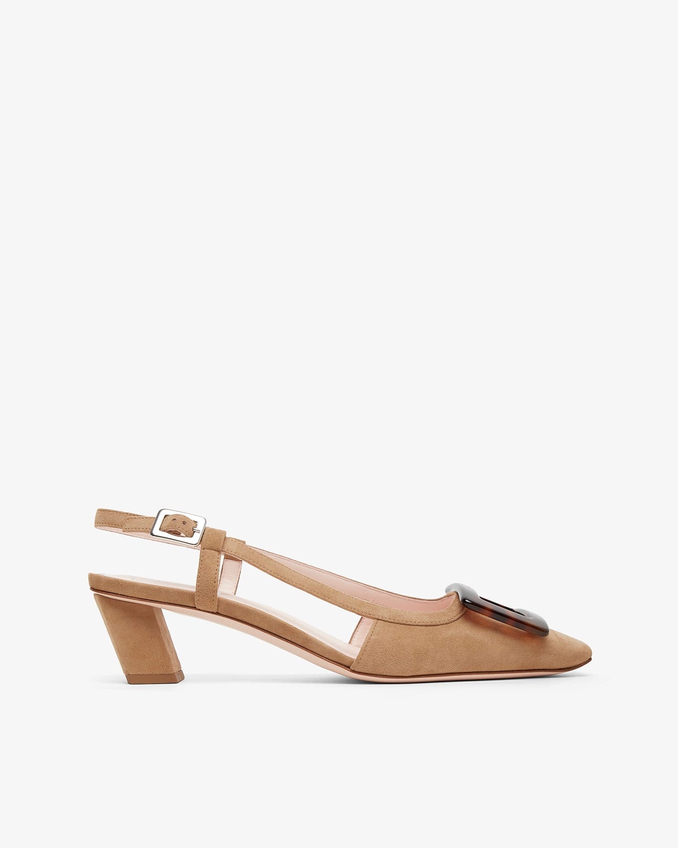 Tan sandal with a block heel on a white background
