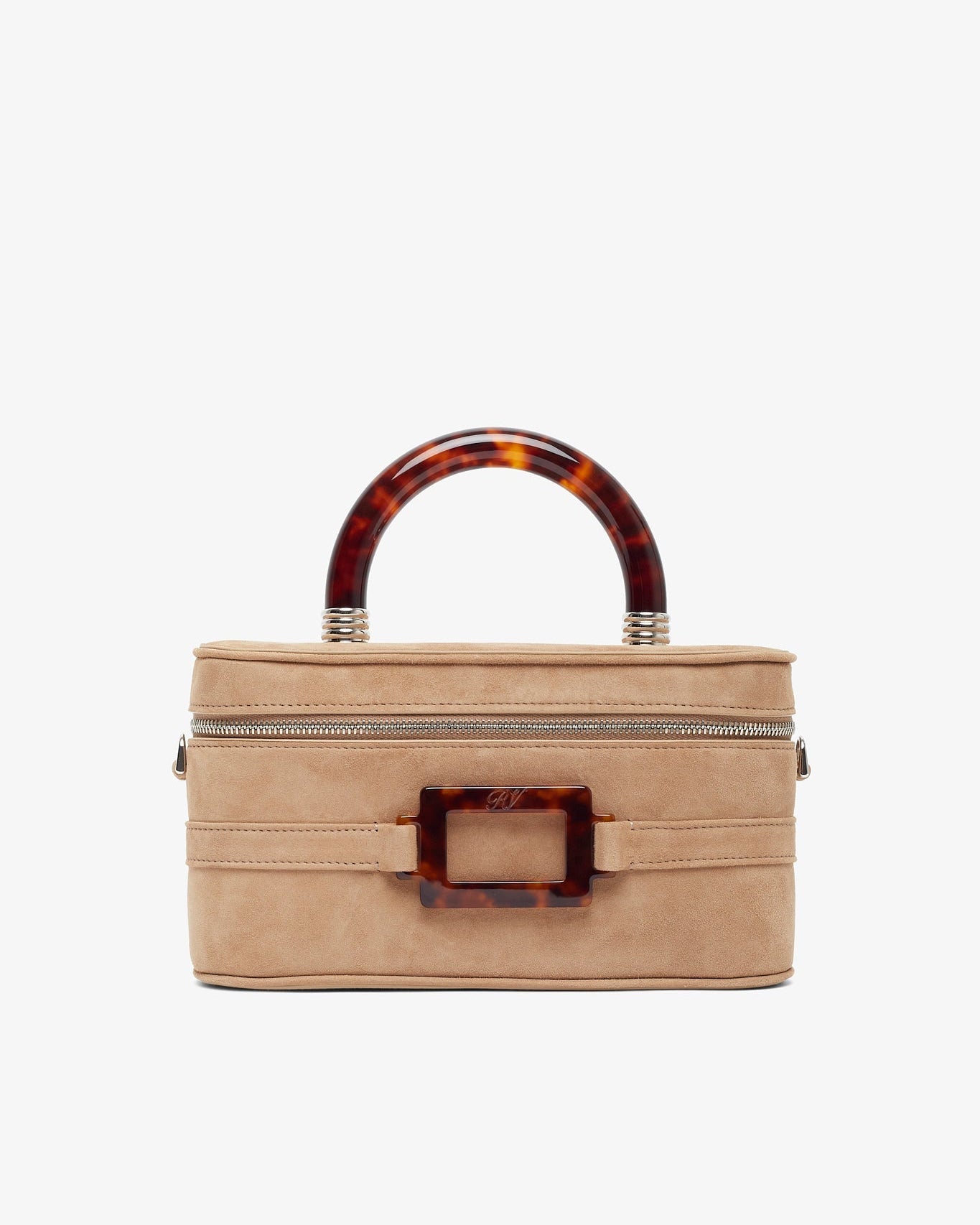 Beige handbag with tortoiseshell accents on a white background