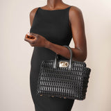 The Studio black leather and rafia tote bag