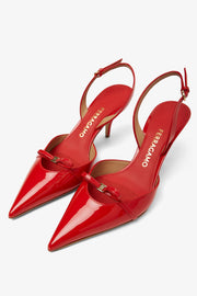 Mini bow red patent sling-back pumps