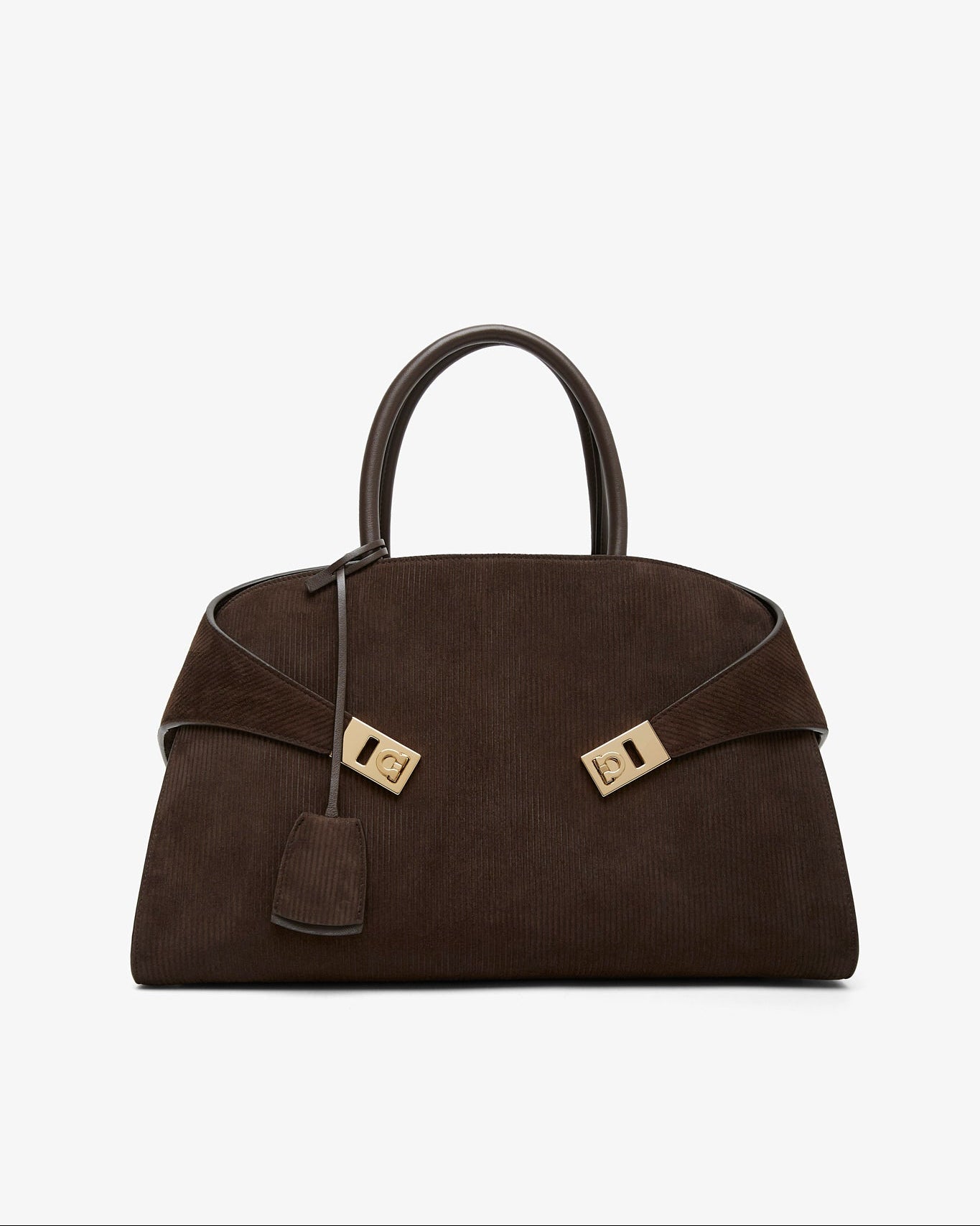 Brown handbag with gold hardware on a white background