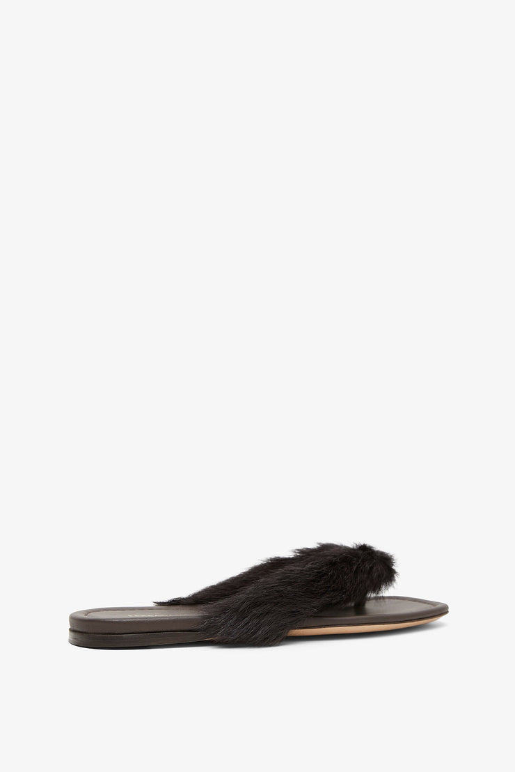 Loly black fur thong flat sandals