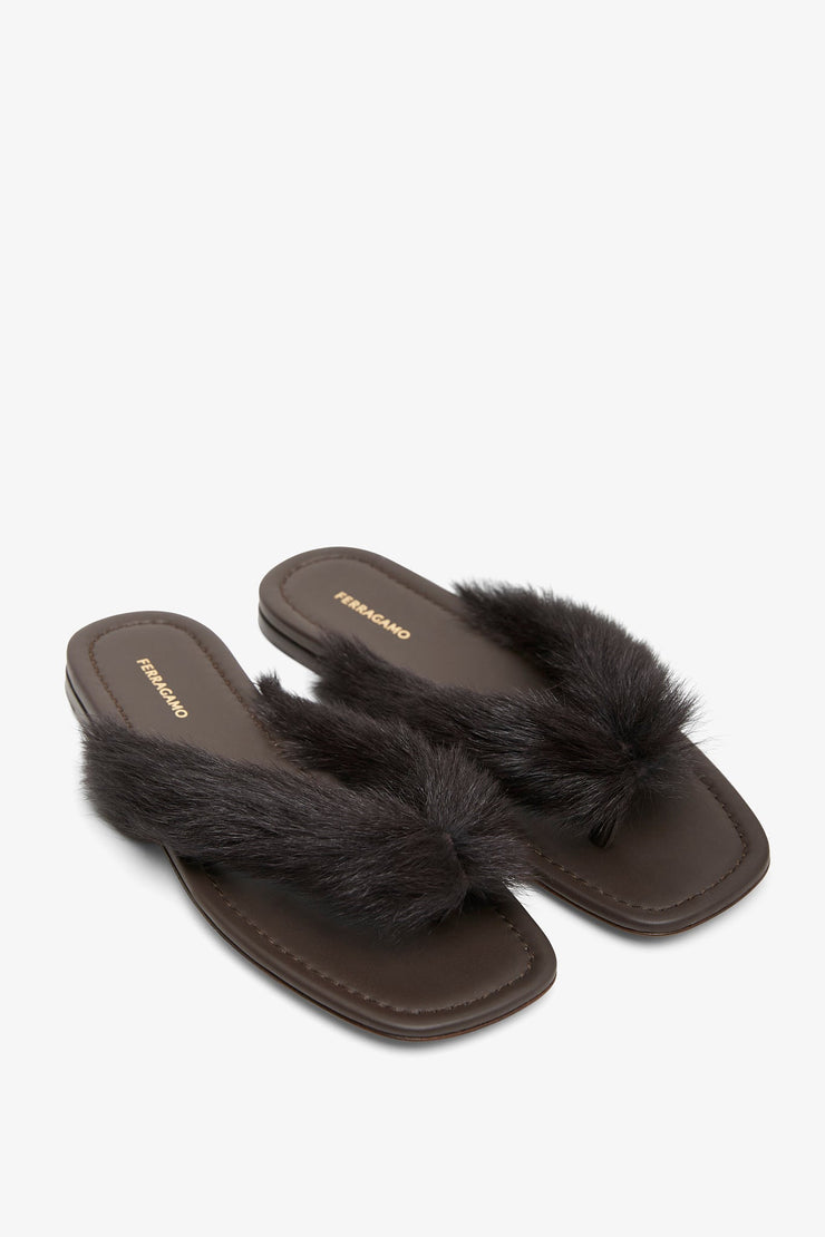 Loly black fur thong flat sandals