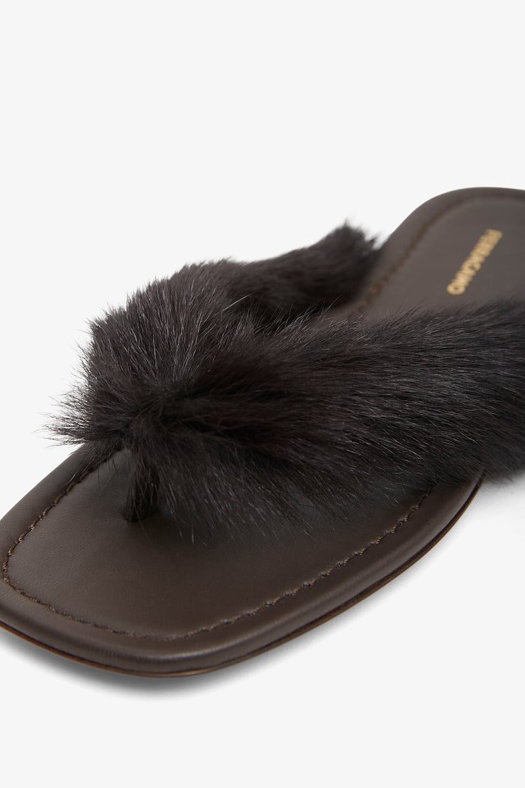 Loly black fur thong flat sandals