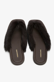 Loly black fur thong flat sandals