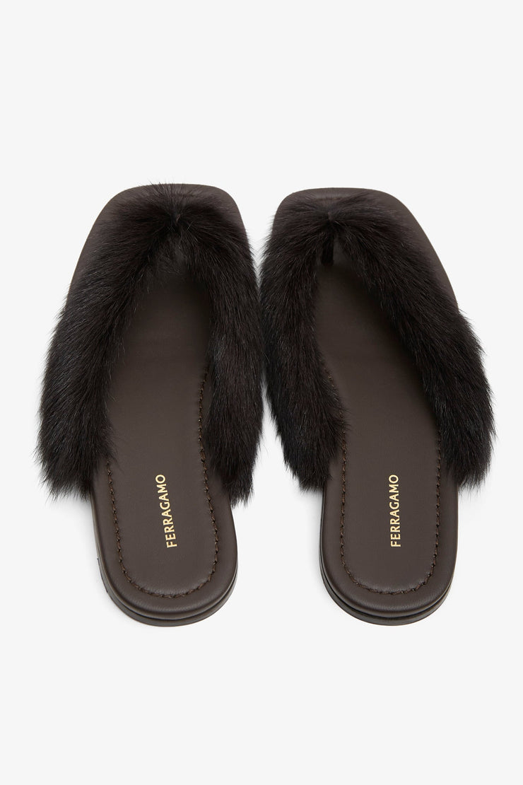 Loly black fur thong flat sandals