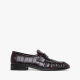 Dark brown leather loafer on a white background