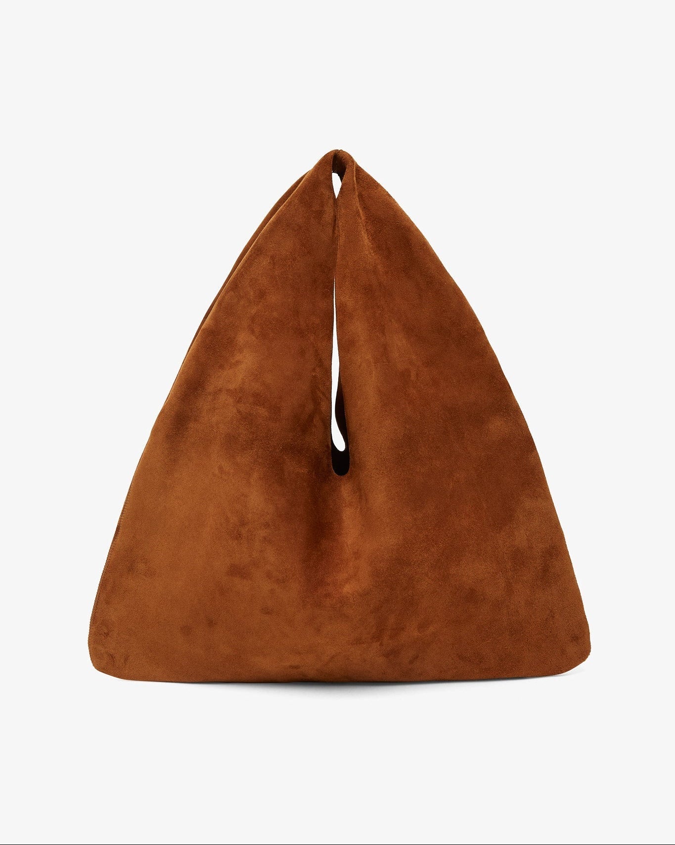 Brown suede handbag on a white background