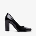 Black high-heeled shoe on a white background