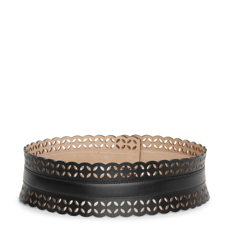 Laser cut black leather belt