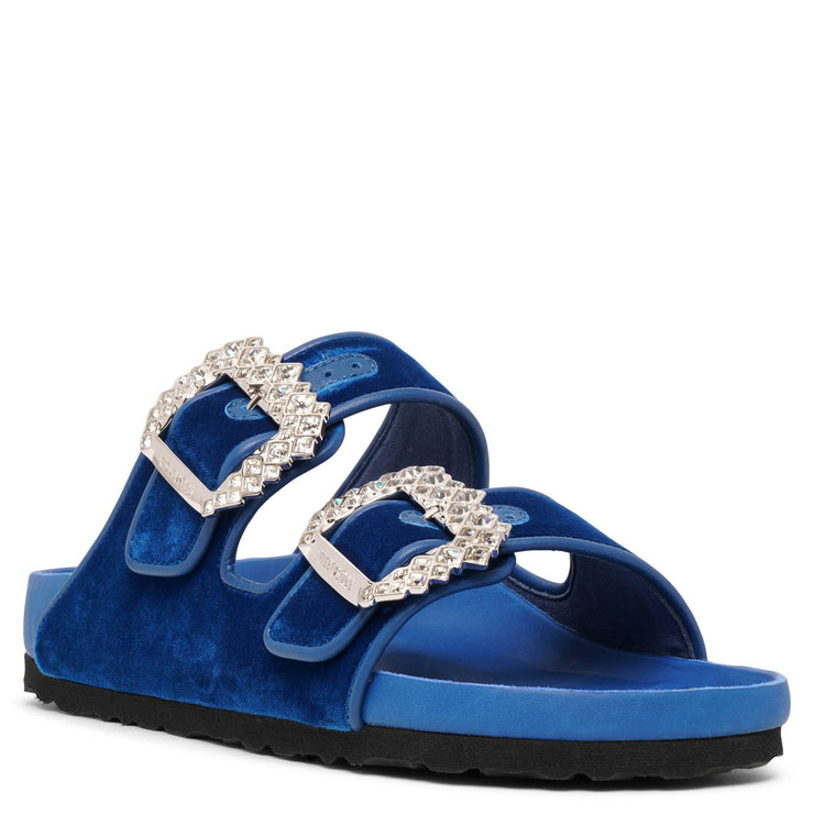 Arizona crystal buckle blue velvet slides