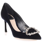 Tresor blue velvet crystal buckle pump