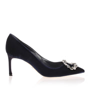 Tresor blue velvet crystal buckle pump