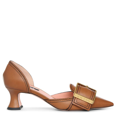 Natural leather buckle pumps