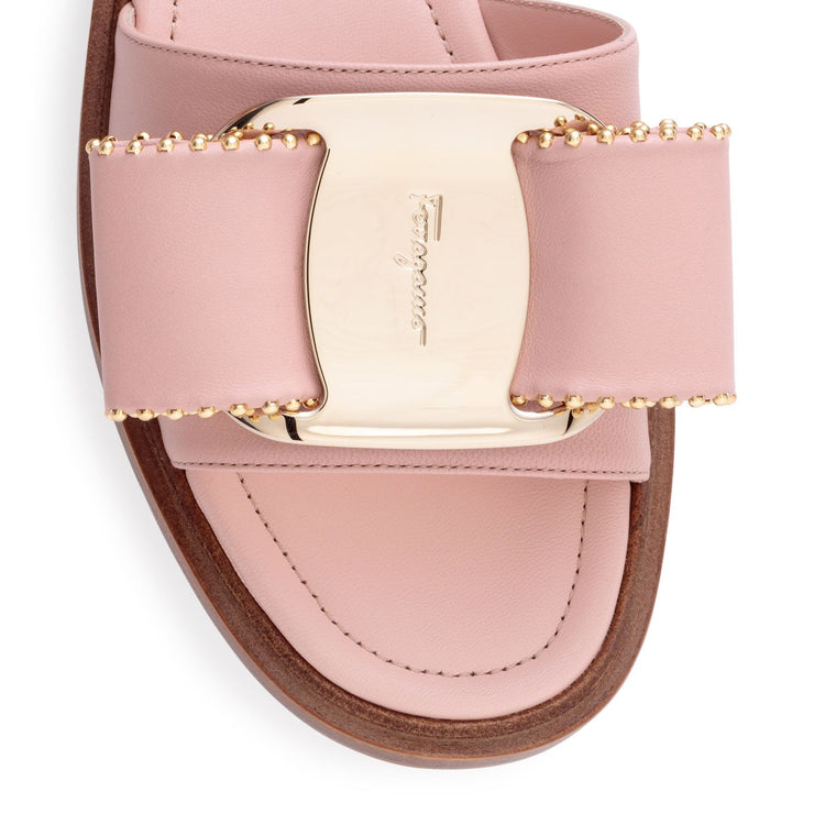 Isera pink leather studded bow slide sandals