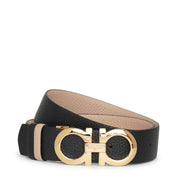 Grained leather gold buckle reversible belt